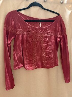 Free People Rose-Red Crochet Panel Long Sleeve Crop Top